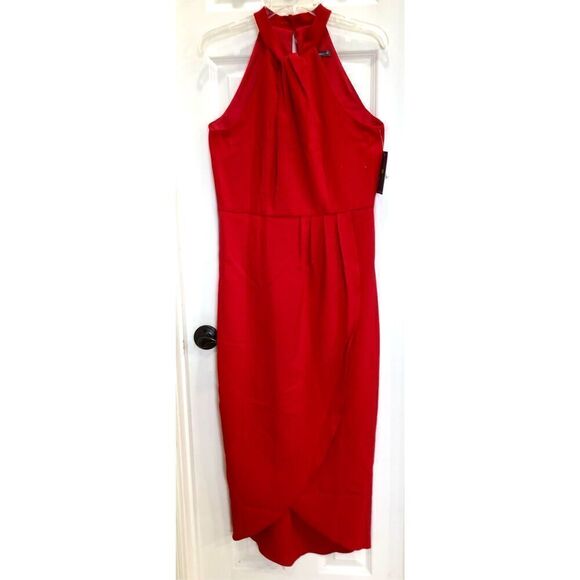 JULIA JORDAN - NWT - L Sz 8 Knot Neck Tulip Hem Midi Dress in Red Scuba Crepe ♥️ - Picture 7 of 16